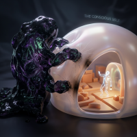 A dark, slick, monstrous shape pounds on the translucent dome protecting a small glowing figure inside, symbolizing dread threatening to invade and overwhelm the mind.