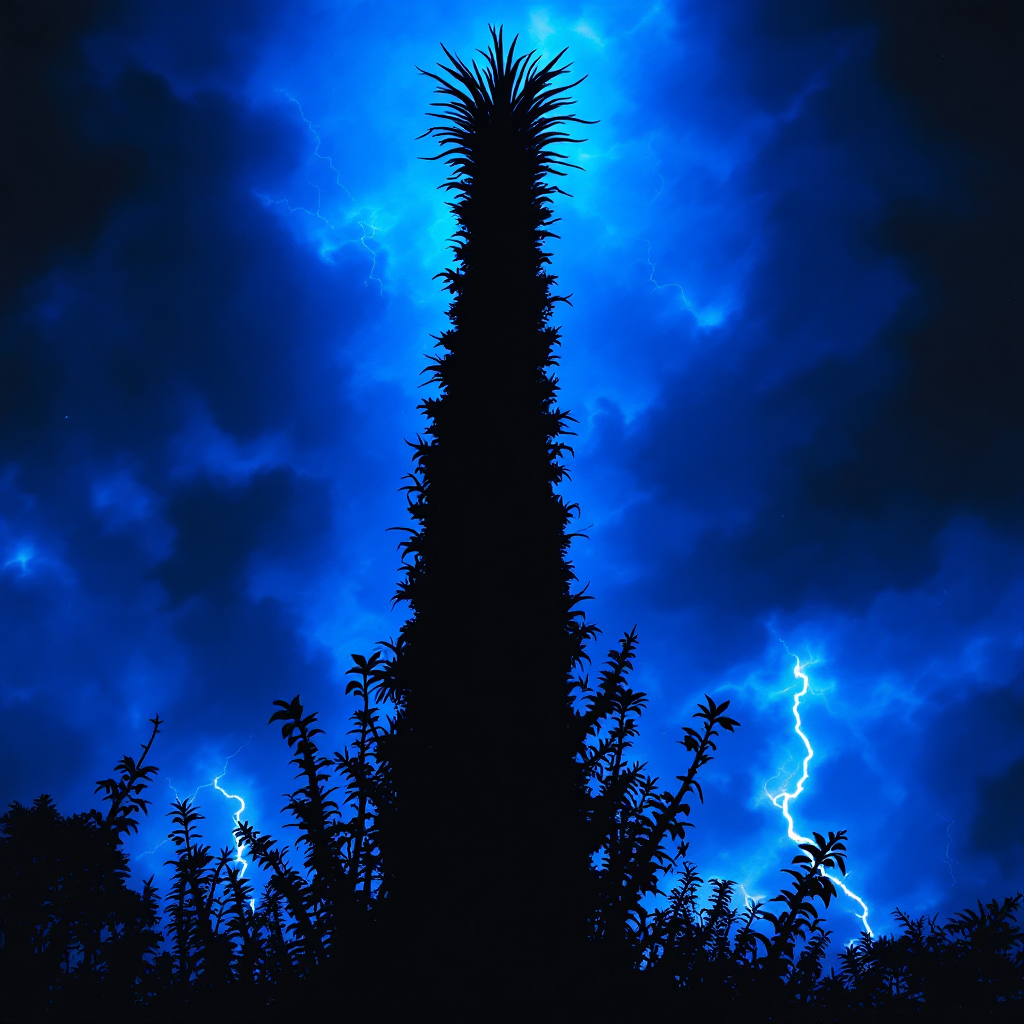 A dark silhouette of a tall plant against a dramatic blue sky, illuminated by flashes of lightning, evokes the quote about Triffids being more than mere vegetation.