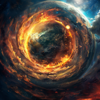 A cosmic, fiery whirlpool with the Earth's mantle and crust peeled back, revealing the molten core forming tendrils, rings, and spirals, resembling a colossal flower in full bloom in space.