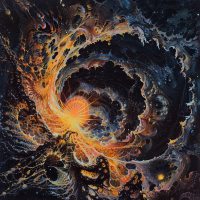 A surreal, cosmic scene depicts a planet's core unfurling like flower petals into spiraling tendrils, whorls, and arches, reflecting a dystopian beauty inspired by a book quote on planetary upheaval.