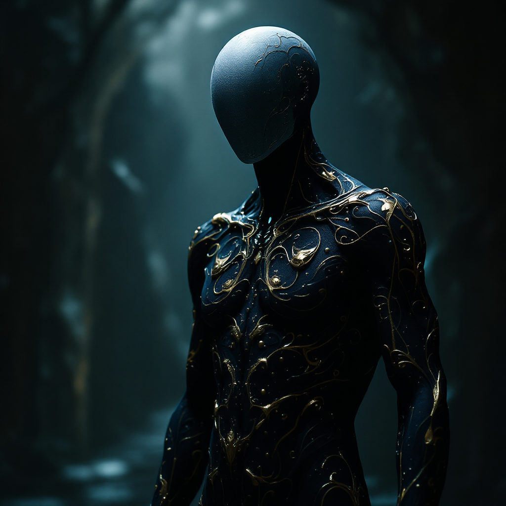 A faceless, humanoid figure with a smooth, featureless head and intricate, glowing patterns on its dark, sleek body stands in a dim, blurred forest.
