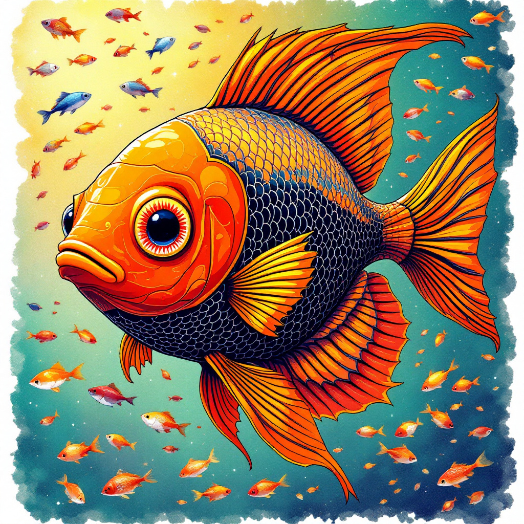 A vibrant, stylized fish with bright orange and black scales swims among smaller fish in a colorful underwater scene, inspired by the quote, “It is my wish for you to be my fish.”