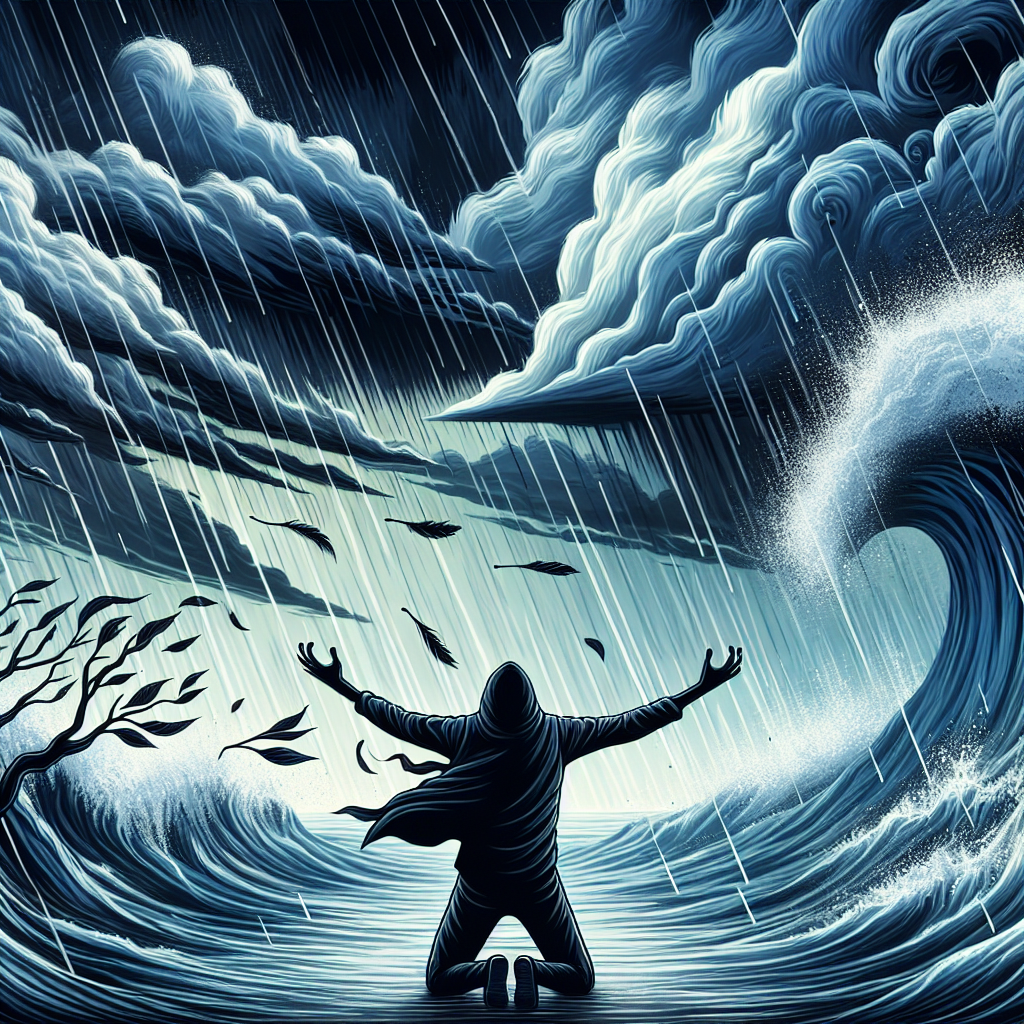 A person kneels in a stormy ocean with arms raised in anguish, as towering waves and dark clouds surround them. The image reflects the intense emotions of frustration and despair expressed in the book quote.