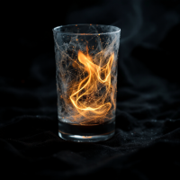 A glowing flame dances within a transparent glass, surrounded by swirling sparks and a dark, shadowy backdrop, symbolizing how light reveals hidden fears in darkness.