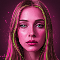 Portrait of a young woman with faint creases near her eyes and mouth, illuminated by pink and green light, embodying the passage of time and quiet longing.