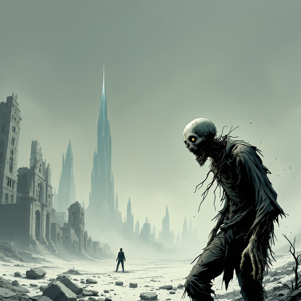 A desolate landscape features a menacing zombie looming over a solitary figure, embodying the chaotic shift of a world transformed by a zombie apocalypse.