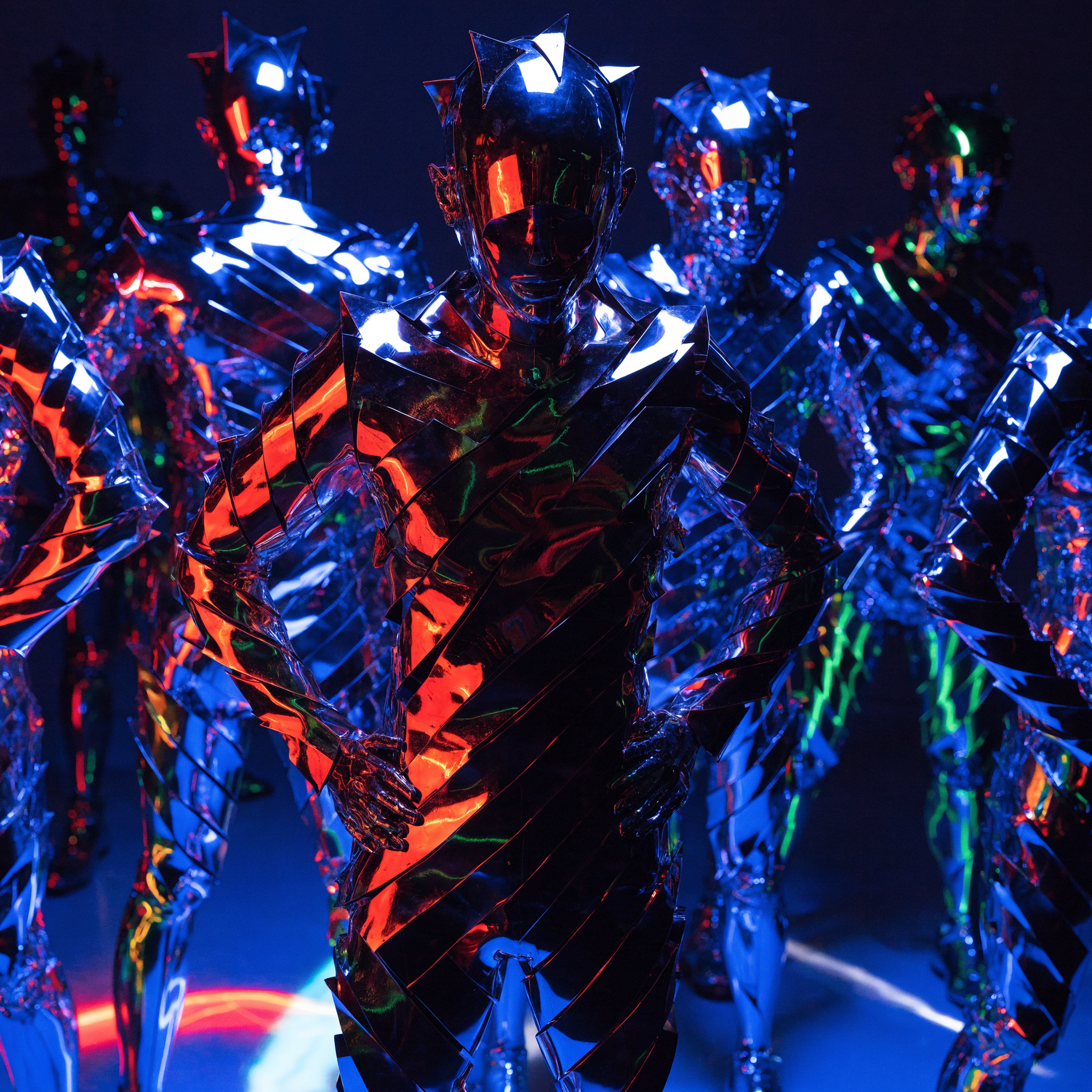 Figures clad in sharp, hard metal armor with layered plates and distorted shapes stand posed under blue and red lighting, their forms blending machine and body.