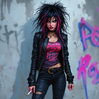 A rebellious figure with spiky black and pink hair stands confidently against a graffiti-covered wall, exuding an attitude that echoes the quote, Frankly, my dear, I don't give a damn.