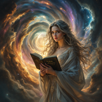 A mystical figure in flowing garments holds an open book, gazing thoughtfully amidst a swirling galaxy of vibrant colors, embodying contrasts of light and darkness, hope and despair.