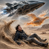 A young man is pushed back by a sandstorm stirred up by a sleek black vessel overhead, while behind it, a translucent, fiery bird-shaped ship with metallic gills floats.