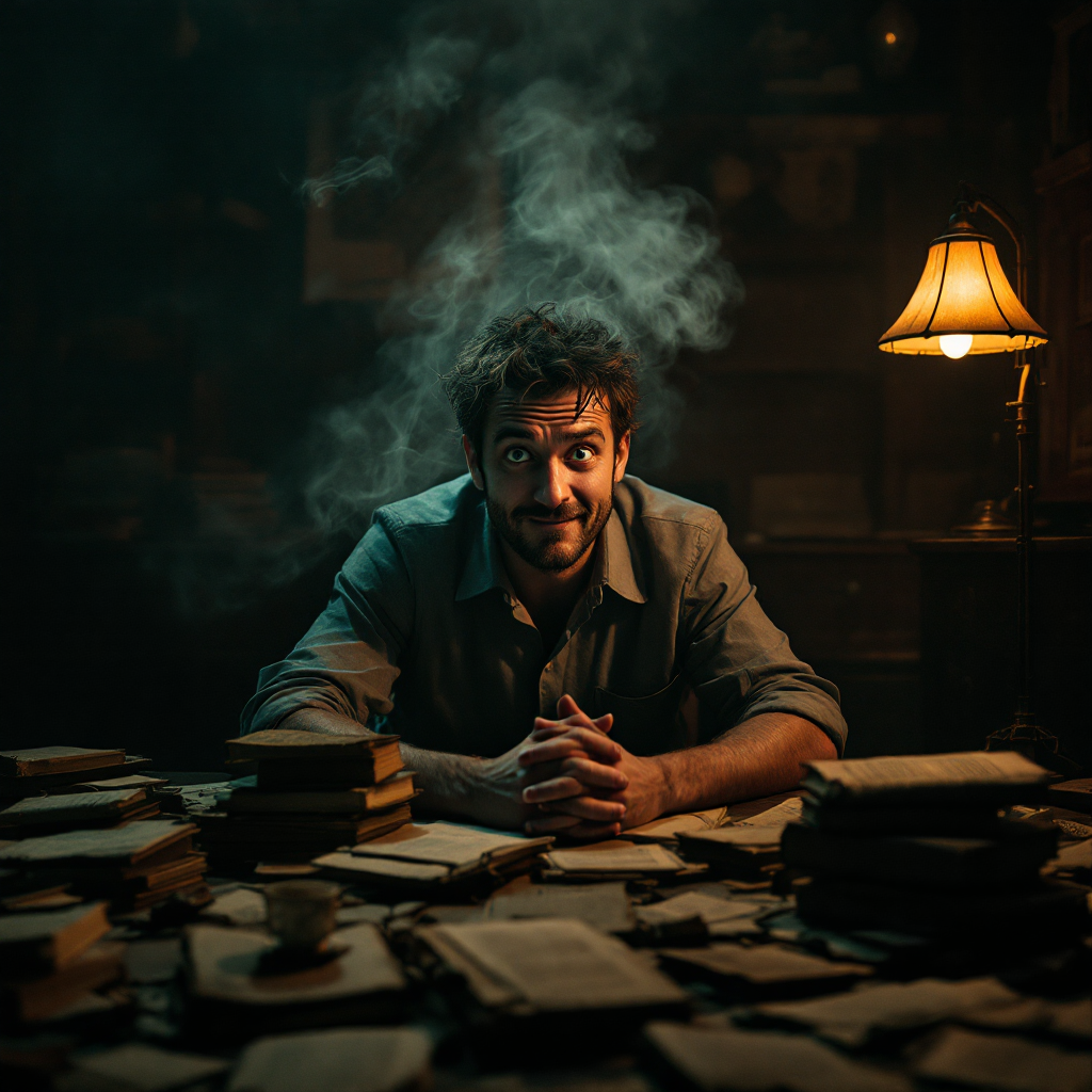 A man with a playful expression sits at a cluttered table covered with books and papers, smoke swirling around him, evoking the whimsicality of a joke that's hard to grasp.