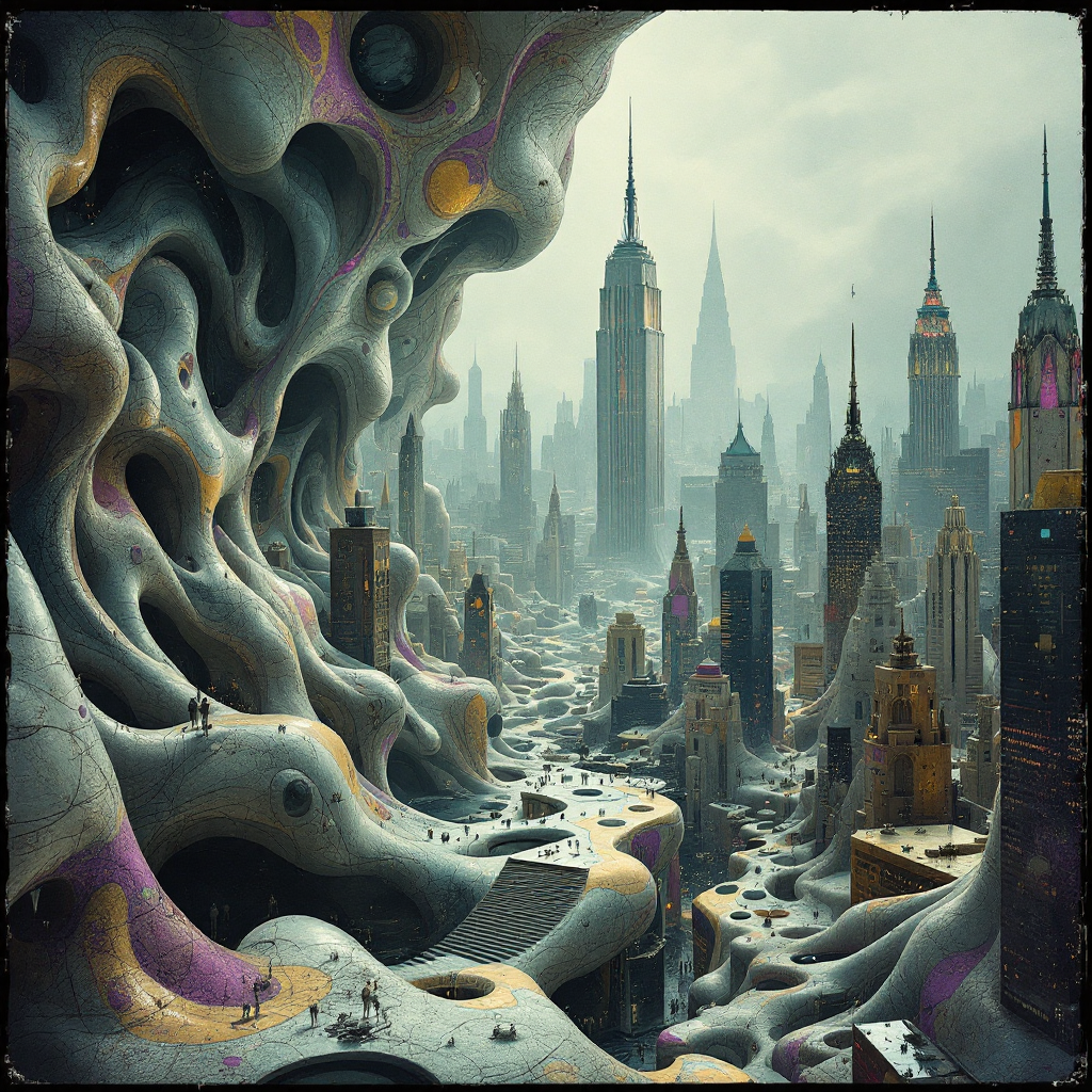 A surreal cityscape emerges from a twisting, organic formation, reflecting the interplay of dreams, desires, and fears, inspired by the quote about cities and their emotional foundations.