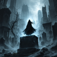 A shadowy figure stands atop a gravestone in a desolate cityscape, enveloped in stormy skies and lightning, reflecting the haunting essence of forgotten memories.