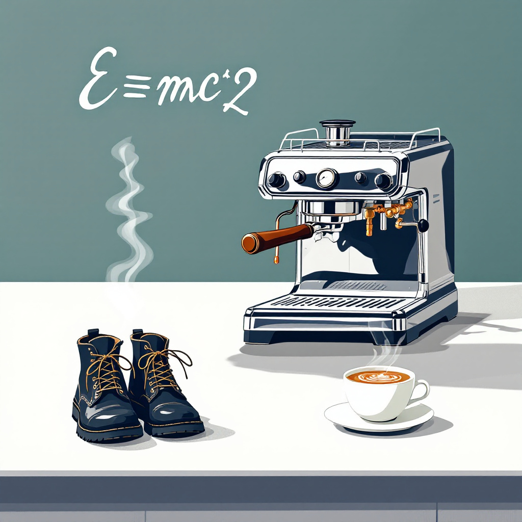 A modern coffee machine, a cup of steaming coffee, and sturdy boots are displayed on a counter, with the equation E=mc² written above, embodying beauty in functionality.