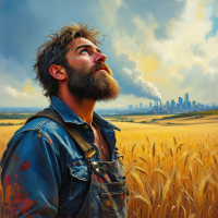 A man with a beard stands in a golden field, gazing upwards towards a city skyline with smoke rising, embodying the quote about the power of freedom from restriction.