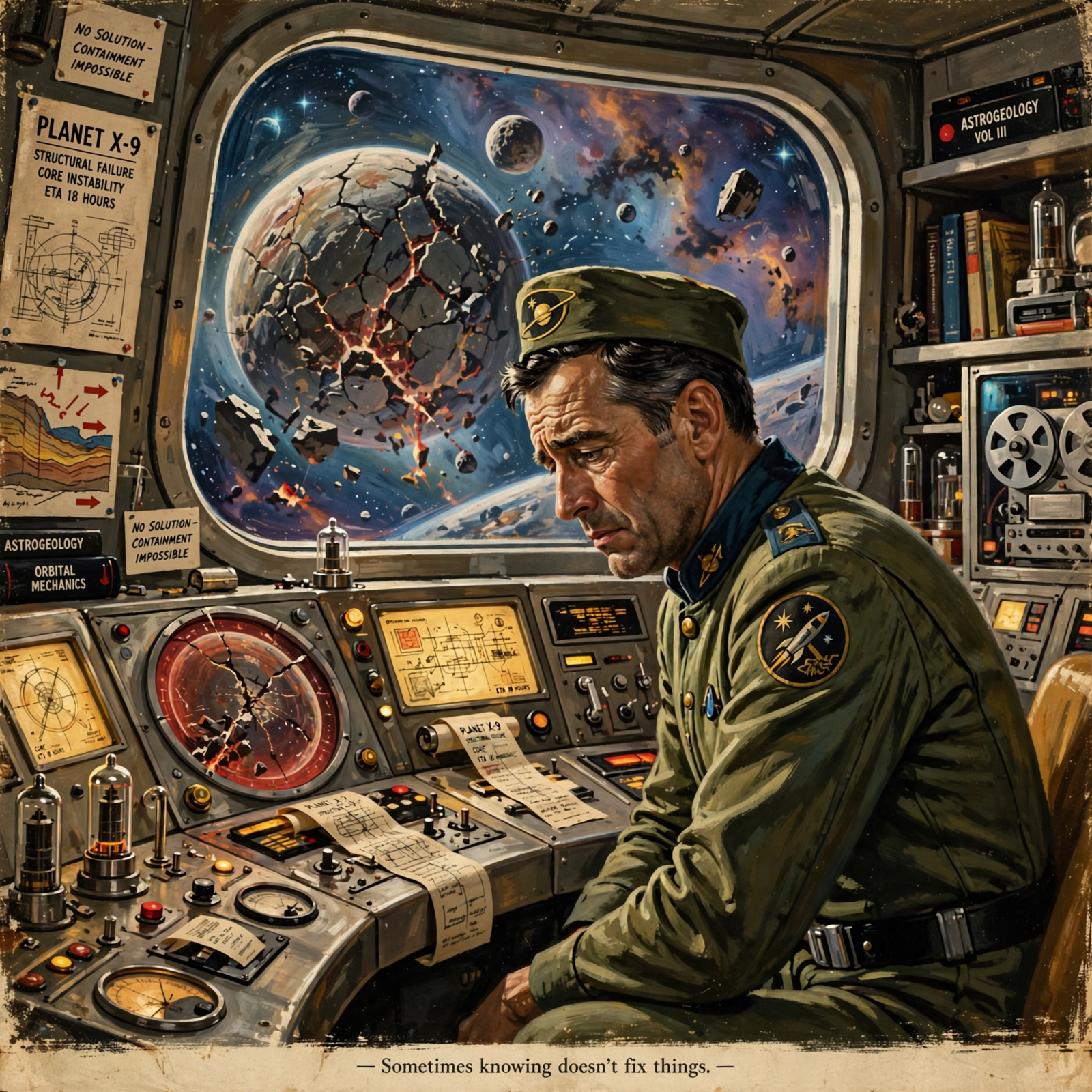 A somber astronaut in a control room gazes out at a shattered planet through a spaceship window, reflecting the quote, Sometimes knowing doesn’t fix things.