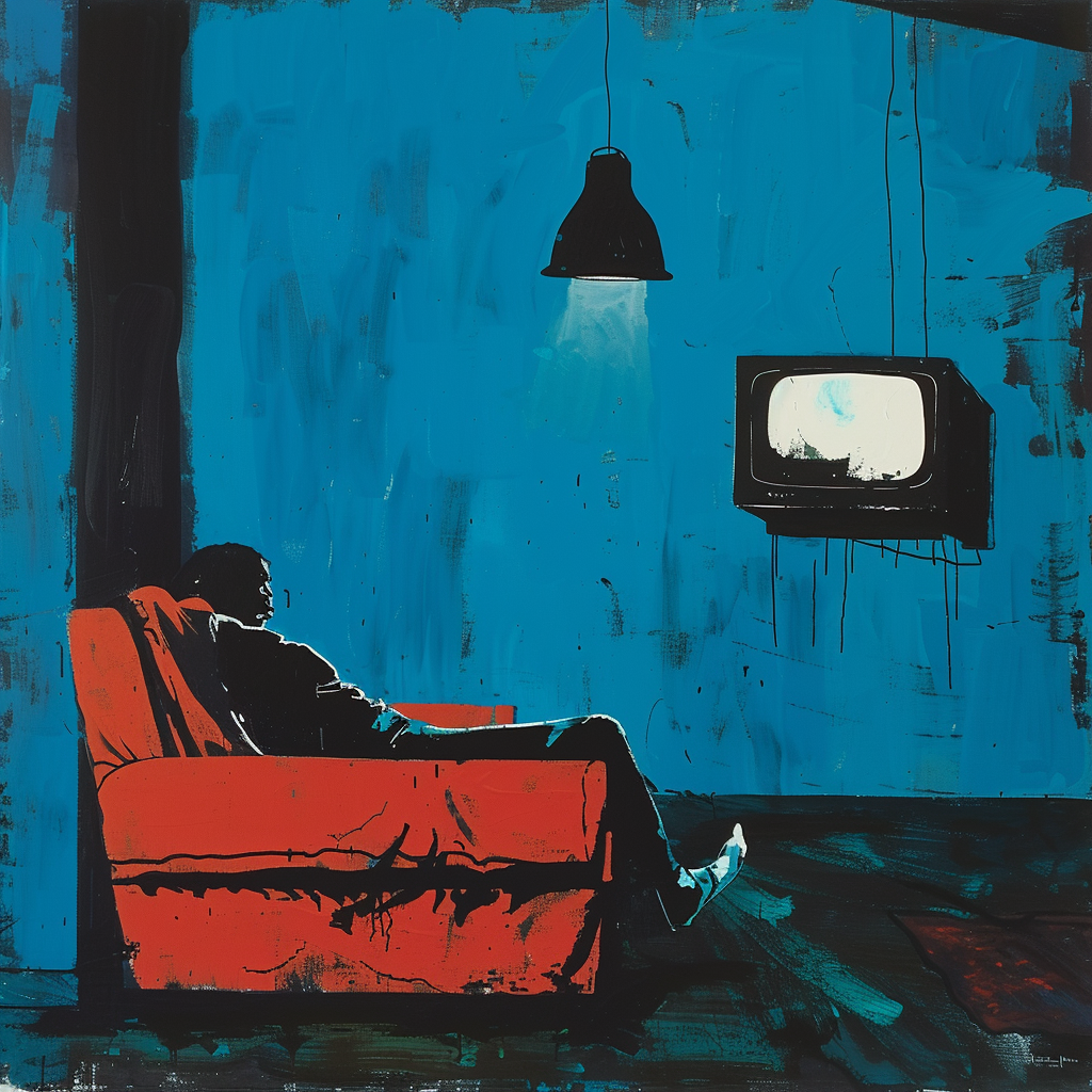 A man rests on a red couch in a dimly lit room with blue walls, watching TV, reflecting solitude and grief after his partner's passing.