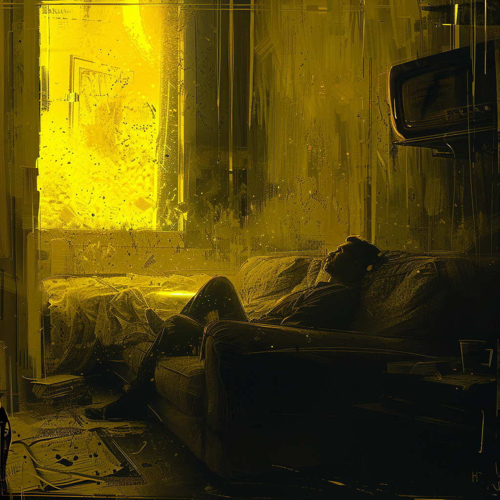 A man sleeps on a couch in a dimly lit, cluttered living room, a glowing screen casting light through the rain-streaked window.