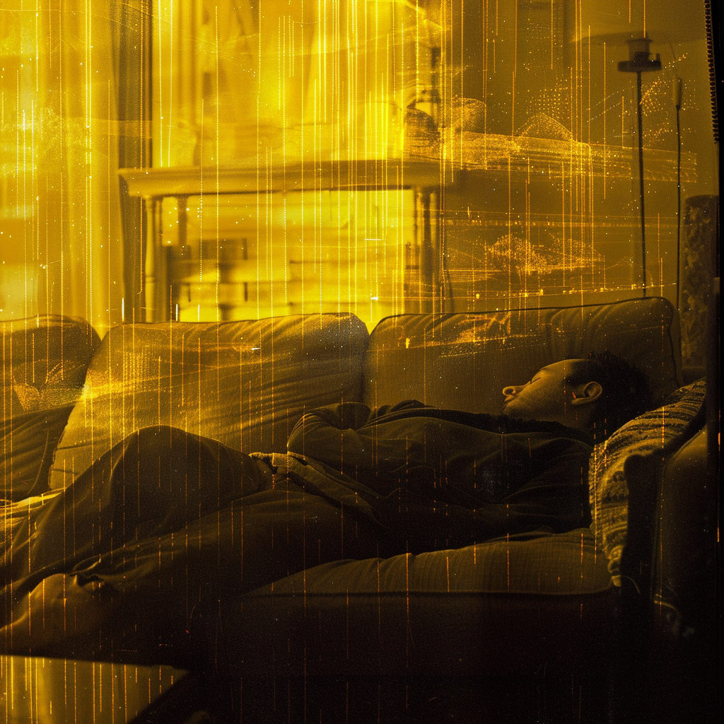 A man sleeps on a couch in a yellow-hued room, surrounded by translucent visor broadcasts. The melancholy atmosphere reflects his grief and solitude.