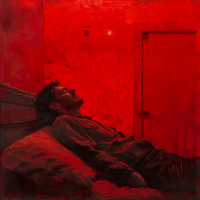 A man sleeps on a couch in a red-toned room, haunted by his memories, under the glow of a broadcast visor.