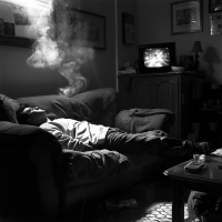 A man sleeps on a couch in a dimly lit room with a TV broadcasting in the background, evoking a somber atmosphere.