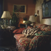 A man sleeps on a couch in a dimly lit living room, surrounded by personal items and a muted television, reflecting his grief and change in routine following his partner's death.