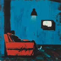 A man rests on a red couch in a dimly lit room with blue walls, watching TV, reflecting solitude and grief after his partner's passing.