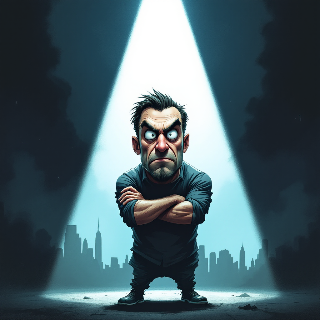 A stern character stands defiantly under a spotlight in a dark cityscape, embodying the quote about fear as life's only true opponent. His expression conveys strength and challenge.