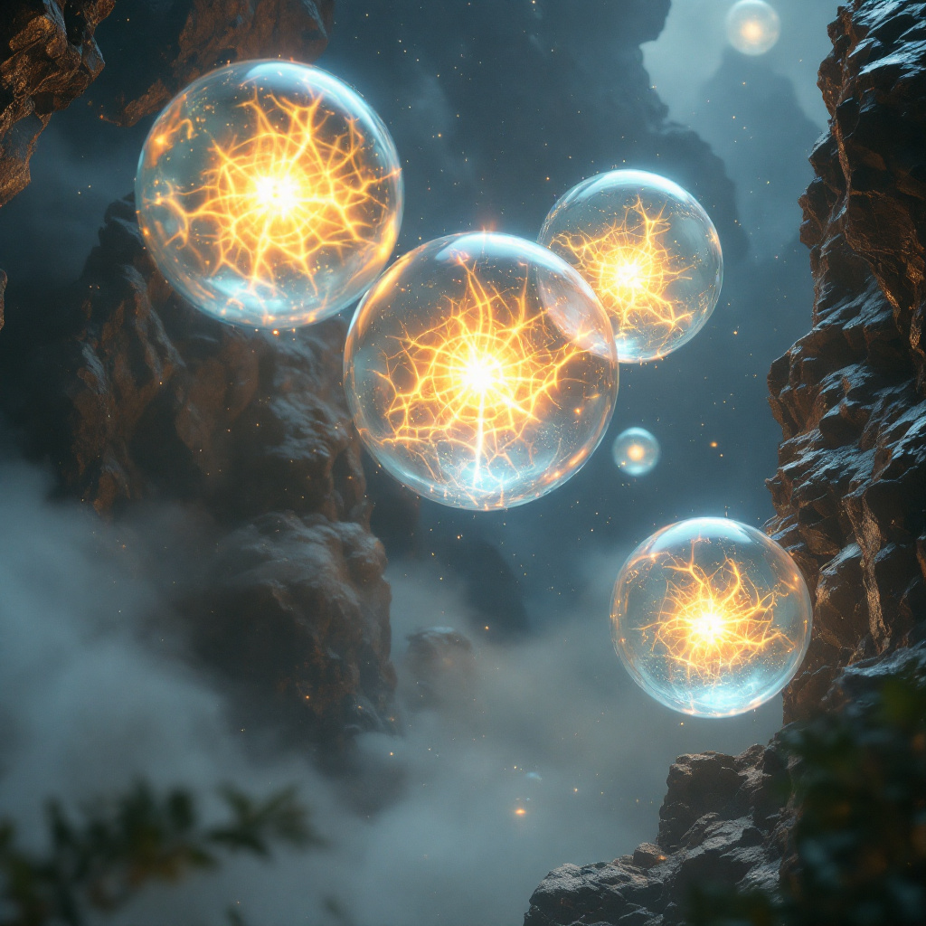 Five glowing alien globes float within a misty cavern, their luminescent cores pulsing with energy, evoking the secrets and mysteries hinted at in the quote.