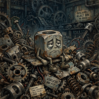 A sad, anthropomorphic nut sits among discarded gears and machine parts labeled useless and discard/project bin, symbolizing a piece that no longer fits in any mechanism.