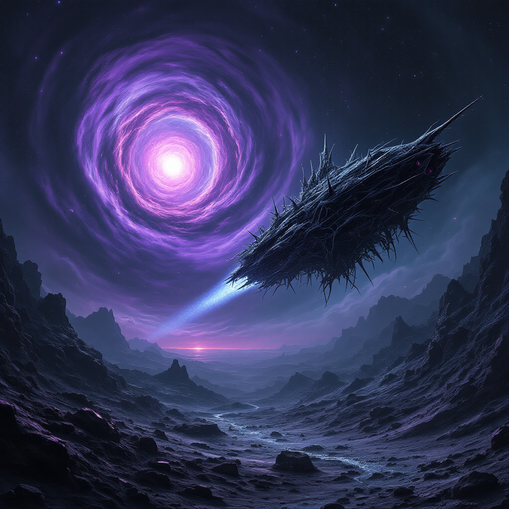 A futuristic, spiky spaceship hovers above a surreal landscape, illuminated by a swirling purple vortex and distant stars, embodying the transformative power of everything it touches.