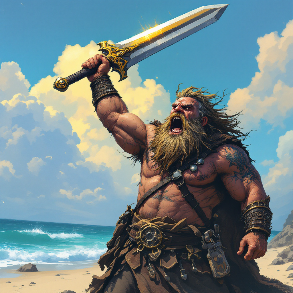 A muscular warrior with long hair stands on a beach, raising a gleaming sword aloft. The image embodies the quote, The man who passes the sentence should swing the sword.