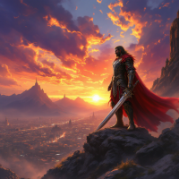 A powerful warrior in armor stands atop a rugged cliff, sword in hand, gazing over a vibrant sunset illuminating a distant city, embodying the quote on finding purpose and glory through battle.