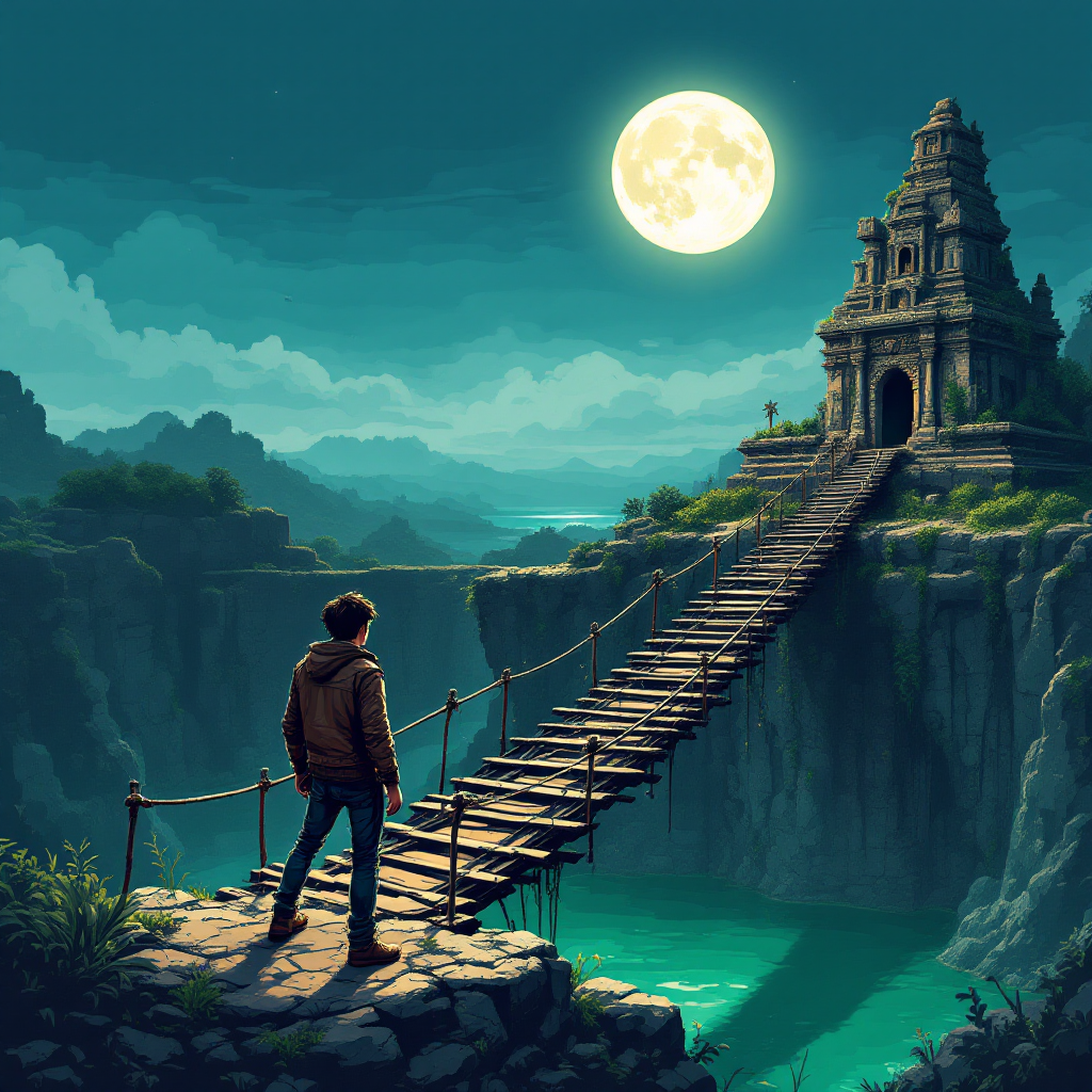 A figure stands at the edge of a wooden bridge leading to an ancient temple, illuminated by a full moon, embodying the idea of embracing challenges to avoid traps.