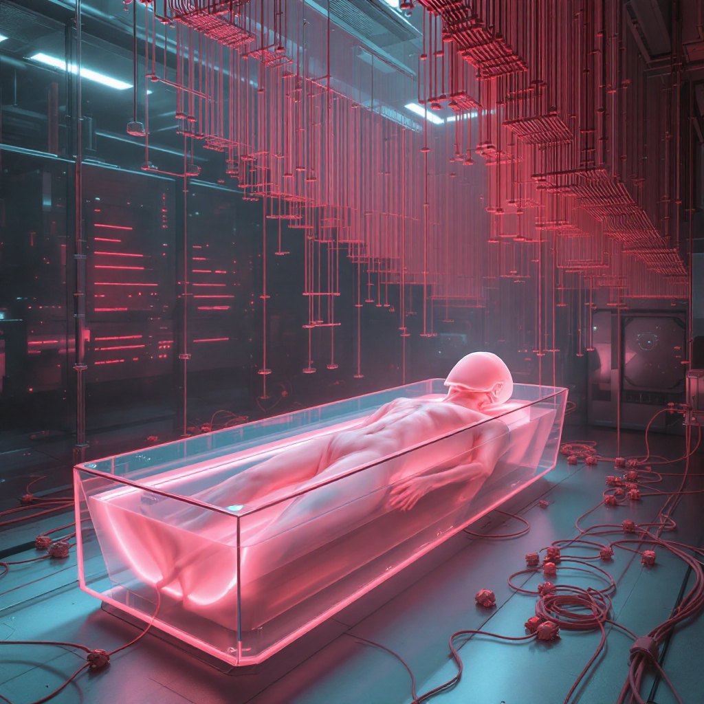 A translucent coffin holds a naked figure floating in pink liquid, with a conical mask and air tube. Surrounding him are stacks of electronic equipment and fine fiber-optic cables.