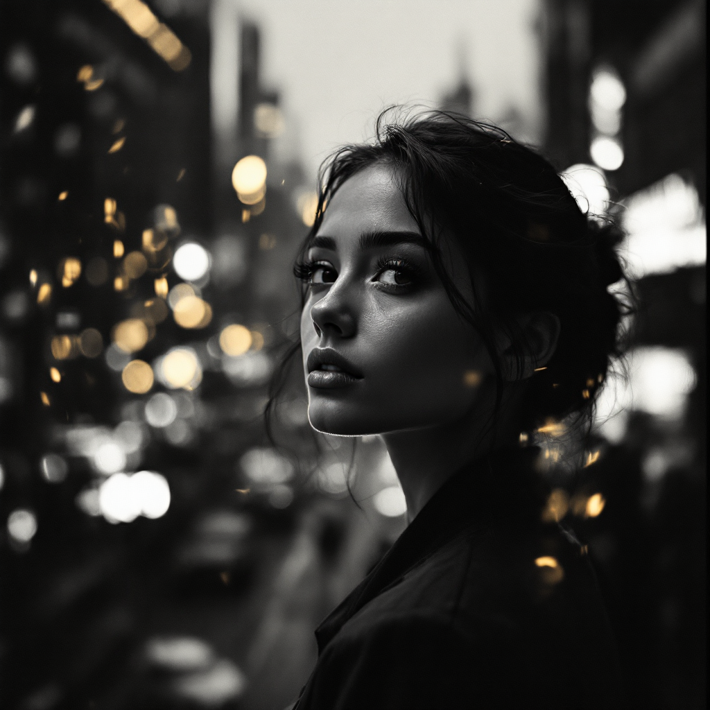 A contemplative young woman gazes into the distance, framed by a blurred, bustling cityscape filled with glowing lights, reflecting the beauty of life's chaos.