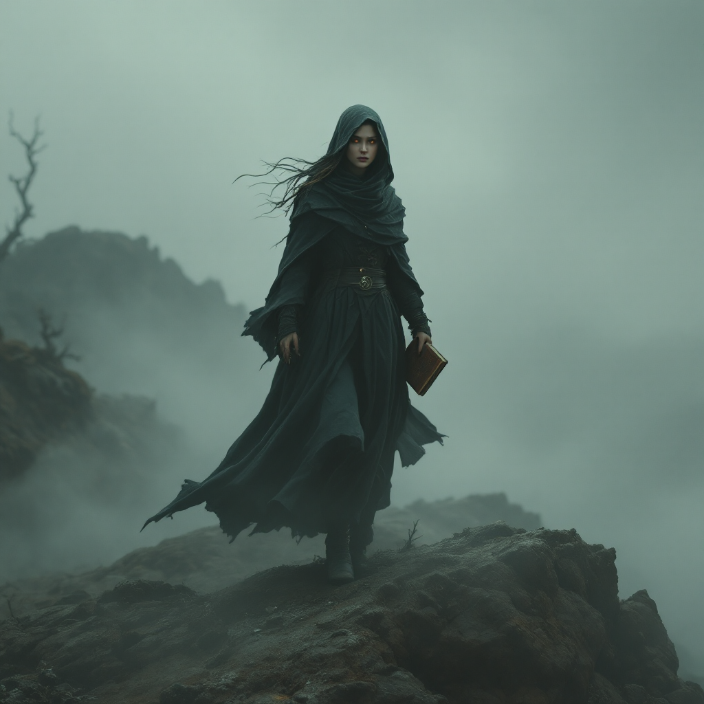 A cloaked figure stands on a rocky outcrop, shrouded in mist, holding a book. The atmosphere reflects the quest for elusive truth as suggested by the quote.