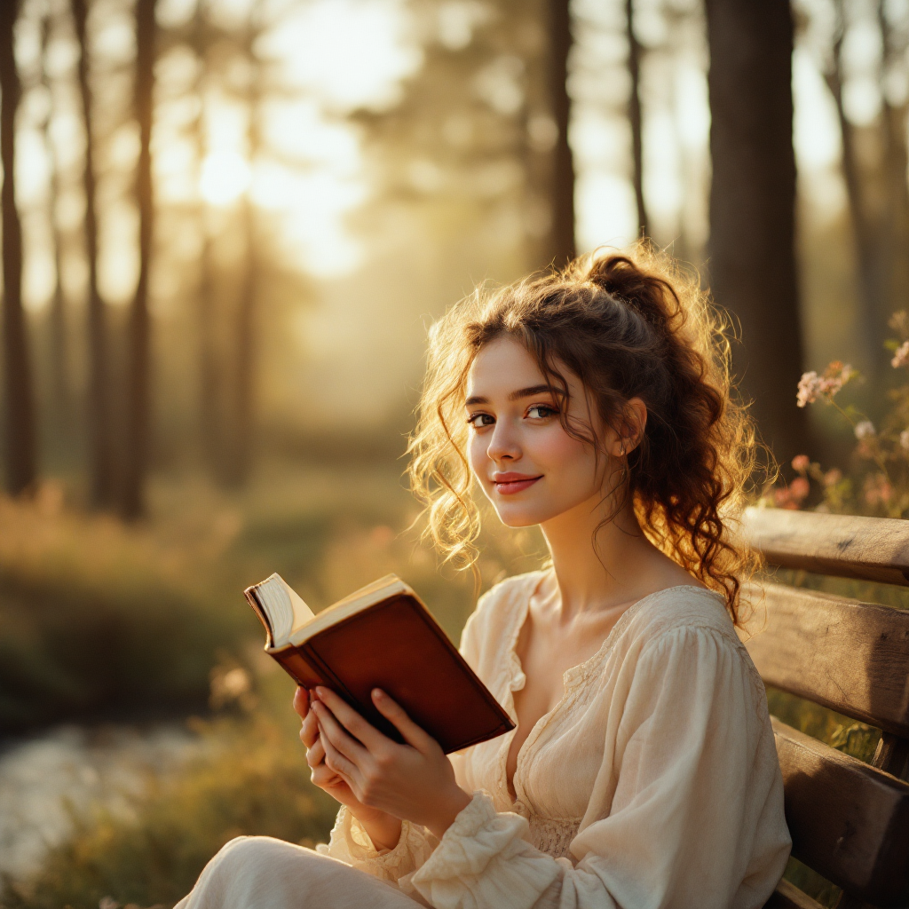 A young woman sits on a wooden bench in a sunlit forest, holding a book and smiling softly, embodying the idea that we're all just stories in the end.