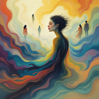 A vibrant abstract illustration depicting a woman enveloped in colorful, flowing waves, with shadowy figures in the background, embodying personal history and connections.