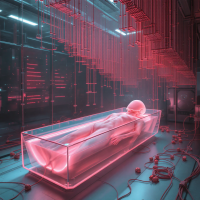 A translucent coffin holds a naked figure floating in pink liquid, with a conical mask and air tube. Surrounding him are stacks of electronic equipment and fine fiber-optic cables.