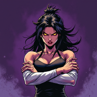 A bold, fierce woman with flowing black hair and glowing yellow eyes stands confidently, arms crossed, against a deep purple background, embodying the intensity of the quote.