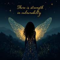 A silhouette of a woman with glowing wings stands in a starry night, symbolizing strength in vulnerability, with the text There is strength in vulnerability above her.