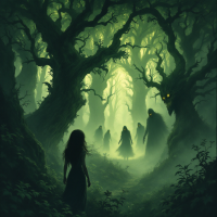 A shadowy forest enveloped in mist, with twisted trees and glowing eyes. A figure stands in the foreground, embodying the fear of the unknown, echoing generational fears.