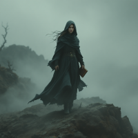 A cloaked figure stands on a rocky outcrop, shrouded in mist, holding a book. The atmosphere reflects the quest for elusive truth as suggested by the quote.