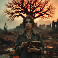 A young woman stands among a desolate landscape, holding a book, with a dramatic tree silhouetted against a fiery sunset, embodying the complex nature of perception and truth.