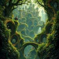 A lush, enchanting cityscape emerges from a vibrant forest, featuring intricate architecture and bridges, reflecting the notion of a nameless city represented by a forgotten number.