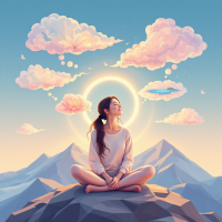 A serene woman sits cross-legged on a mountain peak, surrounded by soft, fluffy clouds and a glowing halo, embodying tranquility and the power of positive thoughts.