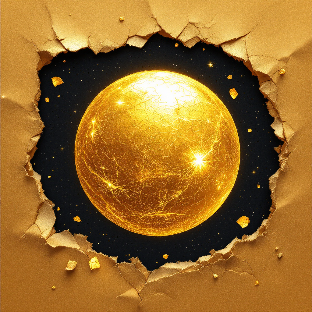 A shimmering golden planet emerges from a cracked surface, set against a starry backdrop, embodying the quote about the unique gleam of a solid gold planet in the universe.