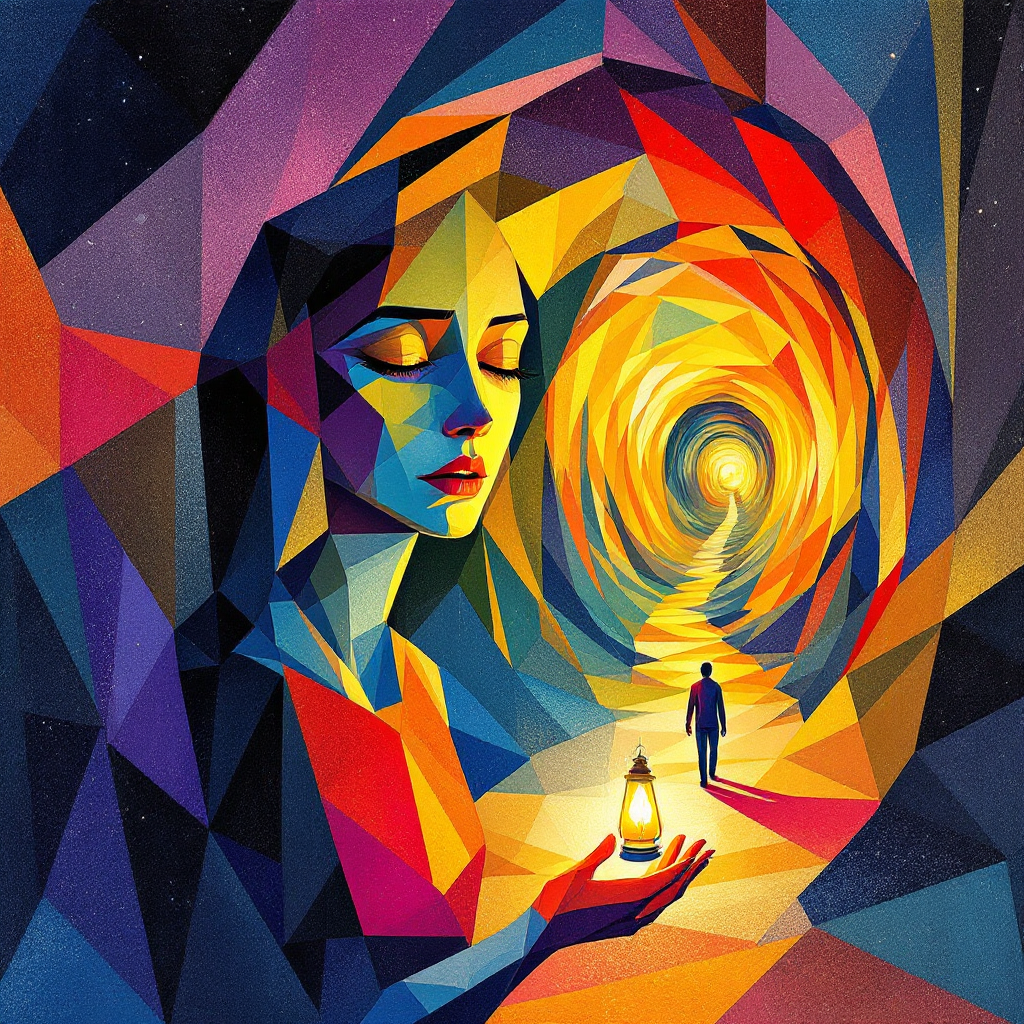 A vibrant, geometric illustration features a woman holding a lantern, symbolizing hope, as a figure walks toward a luminous tunnel, embodying the quote about light in dark times.