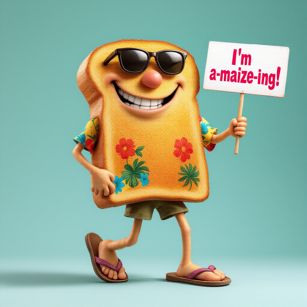 A cheerful anthropomorphic slice of toast wearing sunglasses and a tropical shirt holds a sign that reads, I'm a-maize-ing! against a light blue background.